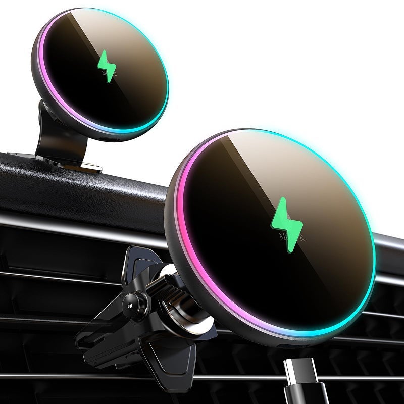 MOKPR for Magsafe Car Mount Charger-15W Wireless Car Charger-Magnetic Car Phone Holder for Dash Air Vent-LED RGB HandsFree Car Mount Fast Car Charger for iPhone 16 15/14/13/12 Series - Image 1
